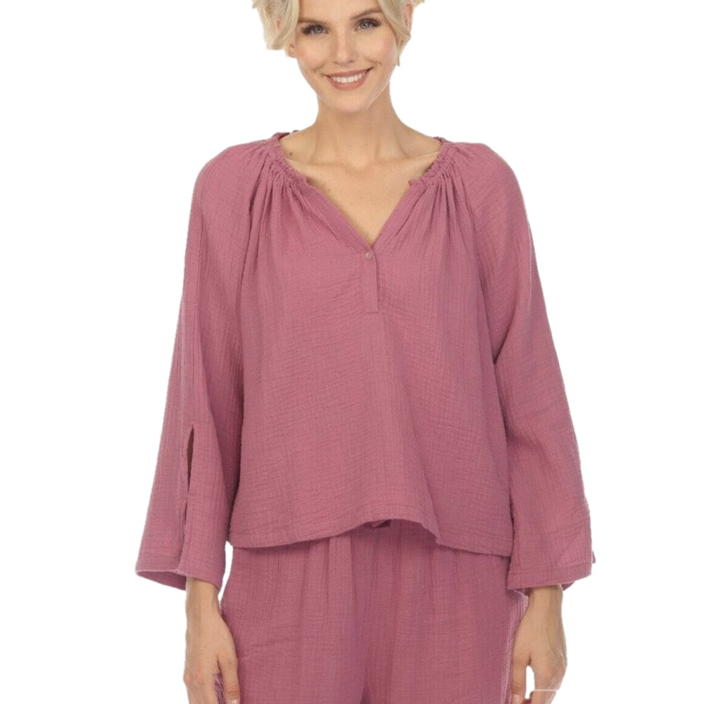 Calme by Johnny Was Liya Split Neck Mauve Pink Organic Cotton Top Size XS NWT